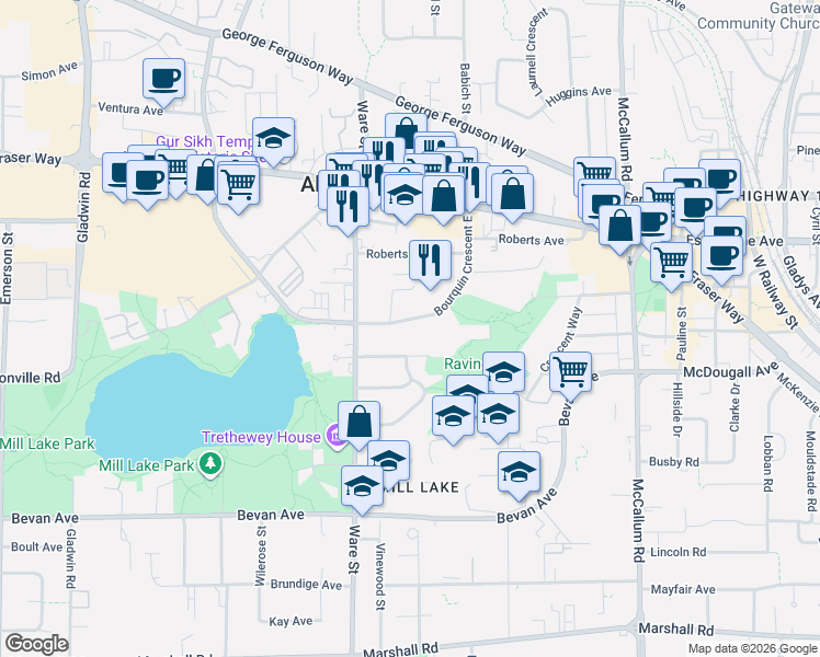 map of restaurants, bars, coffee shops, grocery stores, and more near 33280 Bourquin Crescent East in Abbotsford