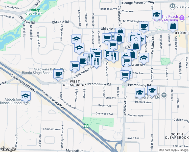 map of restaurants, bars, coffee shops, grocery stores, and more near 2450 Center Street in Abbotsford