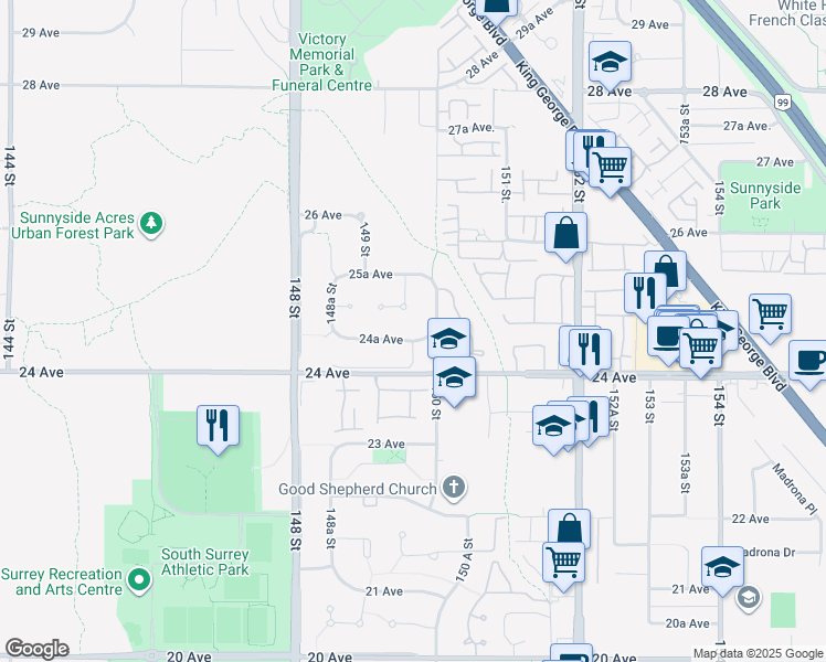 map of restaurants, bars, coffee shops, grocery stores, and more near 14969 24A Avenue in Surrey
