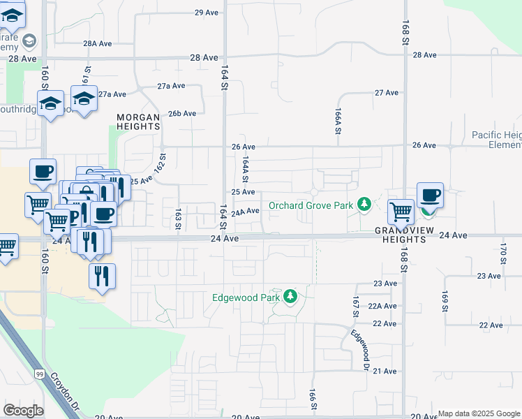 map of restaurants, bars, coffee shops, grocery stores, and more near 16509 24A Avenue in Surrey