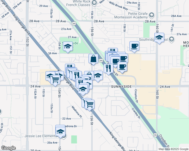 map of restaurants, bars, coffee shops, grocery stores, and more near 2460 156 Street in Surrey