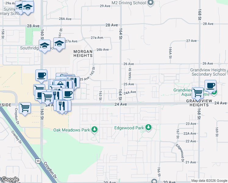 map of restaurants, bars, coffee shops, grocery stores, and more near 2469 164 Street in Surrey