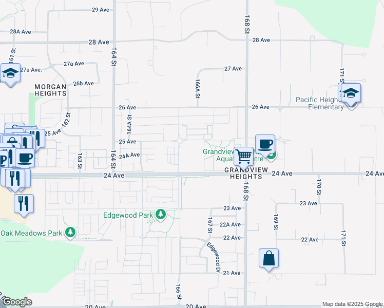 map of restaurants, bars, coffee shops, grocery stores, and more near 16678 25 Avenue in Surrey