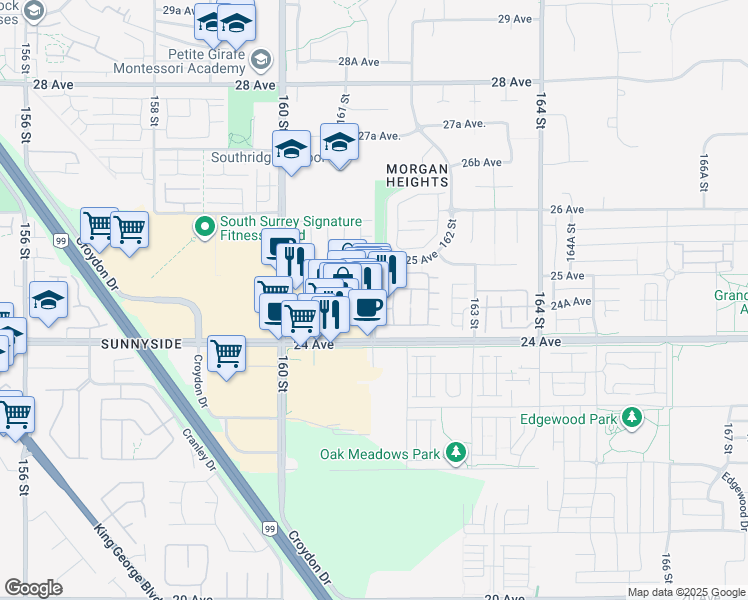 map of restaurants, bars, coffee shops, grocery stores, and more near 50 161A Street in Surrey
