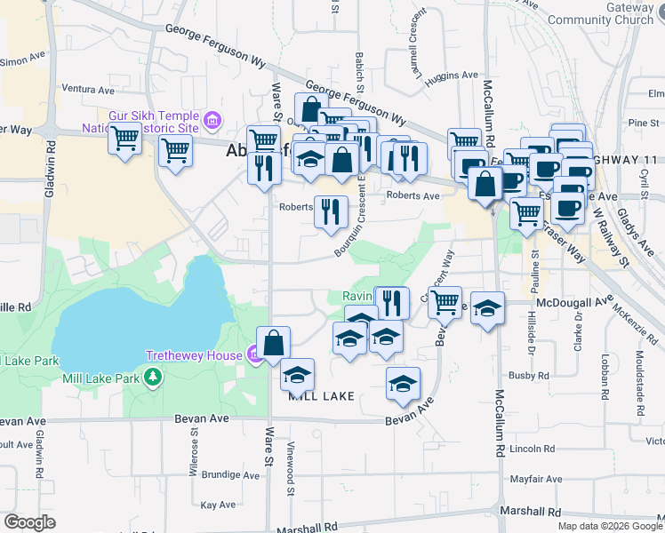 map of restaurants, bars, coffee shops, grocery stores, and more near 33318 Bourquin Crescent East in Abbotsford