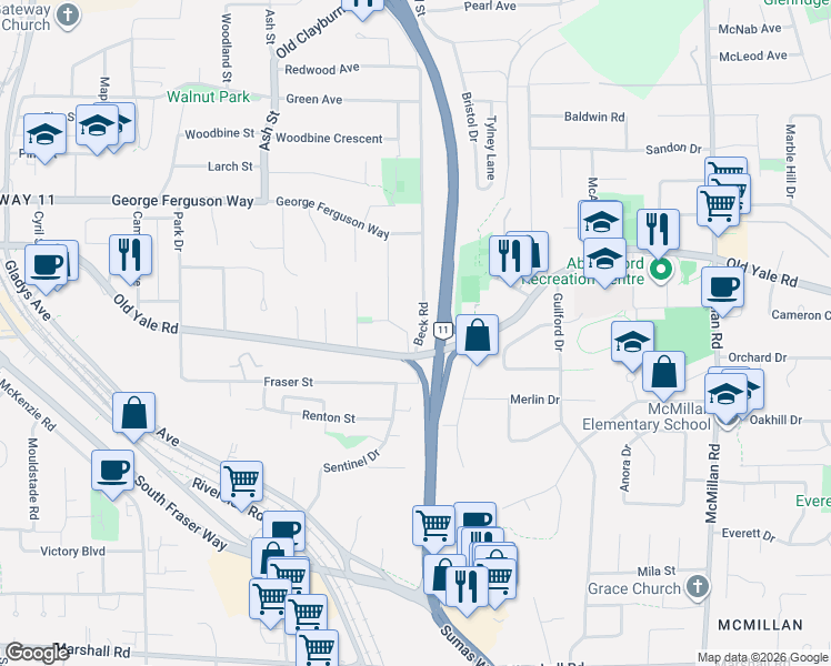 map of restaurants, bars, coffee shops, grocery stores, and more near 2469 Beck Road in Abbotsford