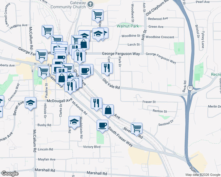 map of restaurants, bars, coffee shops, grocery stores, and more near 33992 Old Yale Road in Abbotsford