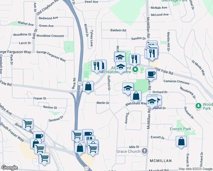 map of restaurants, bars, coffee shops, grocery stores, and more near 2485 Guilford Drive in Abbotsford