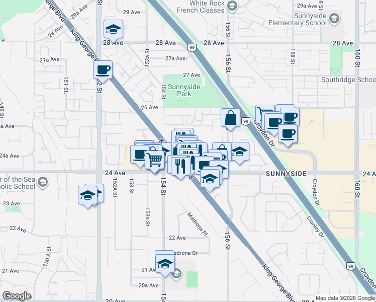 map of restaurants, bars, coffee shops, grocery stores, and more near 2430 King George Boulevard in Surrey