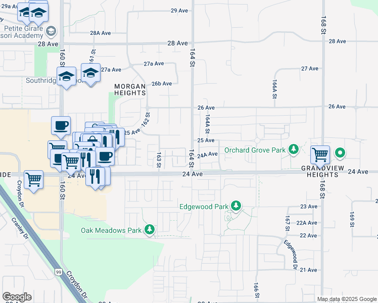 map of restaurants, bars, coffee shops, grocery stores, and more near in Surrey