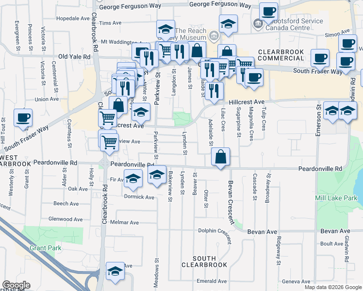 map of restaurants, bars, coffee shops, grocery stores, and more near 2491 Lynden Street in Abbotsford