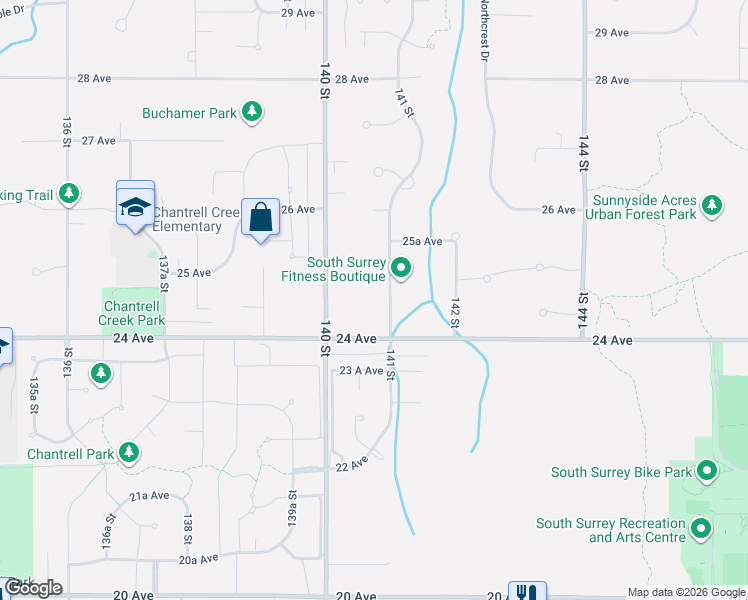 map of restaurants, bars, coffee shops, grocery stores, and more near 2451 141 Street in Surrey