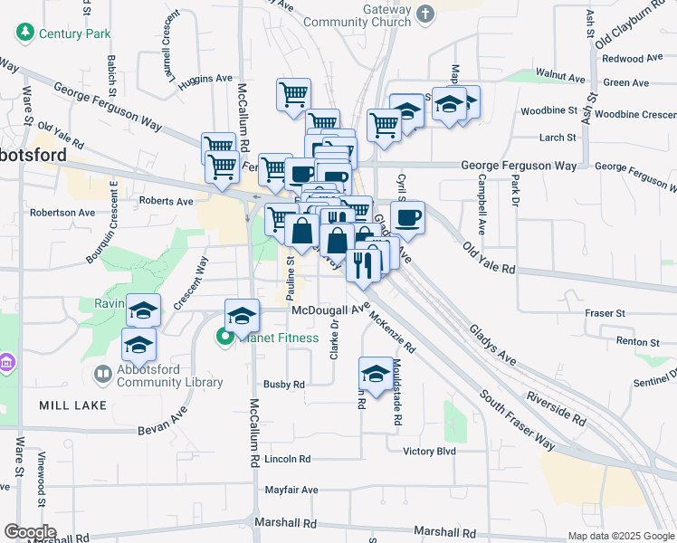 map of restaurants, bars, coffee shops, grocery stores, and more near 33790 South Fraser Way in Abbotsford