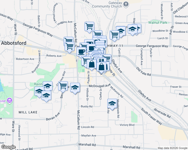map of restaurants, bars, coffee shops, grocery stores, and more near 2469 Montrose Avenue in Abbotsford