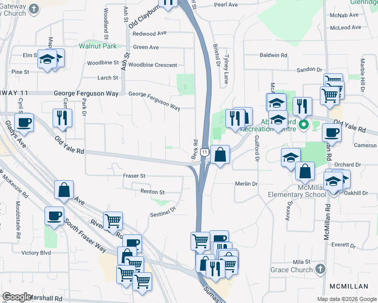 map of restaurants, bars, coffee shops, grocery stores, and more near 2480 Mendham Street in Abbotsford