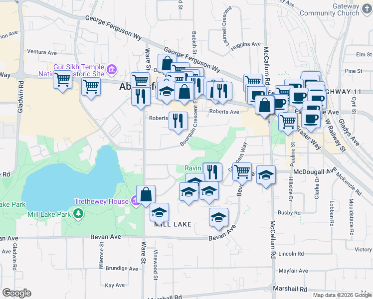 map of restaurants, bars, coffee shops, grocery stores, and more near 33338 Bourquin Crescent East in Abbotsford