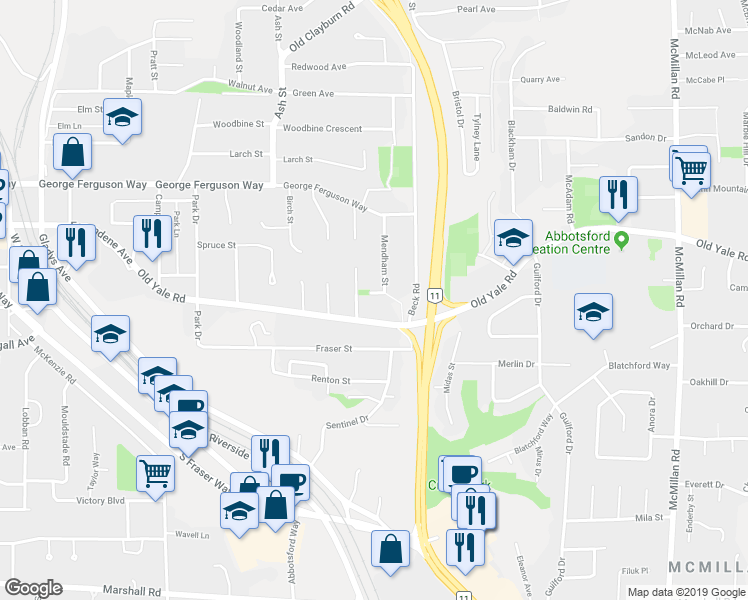 map of restaurants, bars, coffee shops, grocery stores, and more near 34324 Mendham Street in Abbotsford