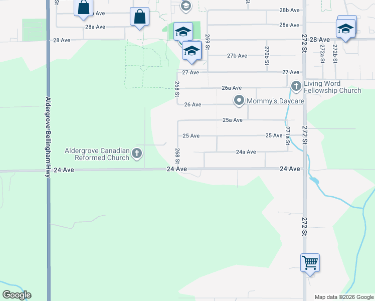 map of restaurants, bars, coffee shops, grocery stores, and more near 26859 24A Avenue in Langley Township