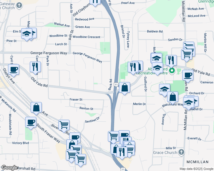 map of restaurants, bars, coffee shops, grocery stores, and more near 2477 Beck Road in Abbotsford
