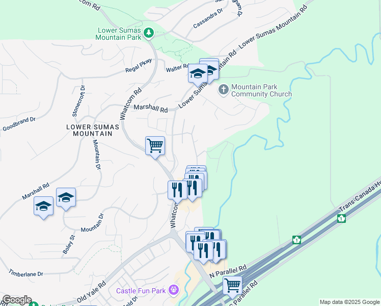 map of restaurants, bars, coffee shops, grocery stores, and more near 2448 Sunrise Park Drive in Abbotsford