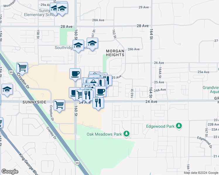 map of restaurants, bars, coffee shops, grocery stores, and more near 142 161A Street in Surrey