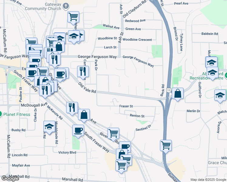 map of restaurants, bars, coffee shops, grocery stores, and more near 2494 Alderview Street in Abbotsford
