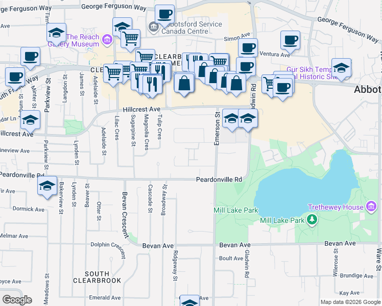 map of restaurants, bars, coffee shops, grocery stores, and more near 32615 Murray Avenue in Abbotsford