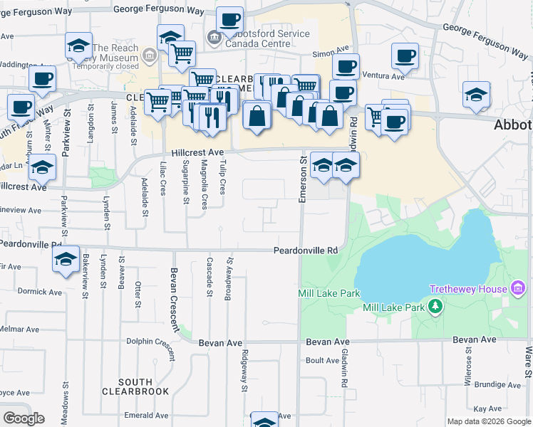 map of restaurants, bars, coffee shops, grocery stores, and more near 32615 Murray Avenue in Abbotsford