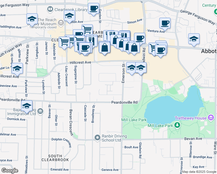 map of restaurants, bars, coffee shops, grocery stores, and more near 32615 Murray Avenue in Abbotsford