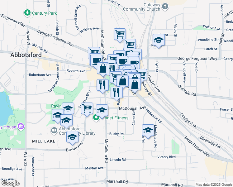 map of restaurants, bars, coffee shops, grocery stores, and more near 2481 Pauline Street in Abbotsford