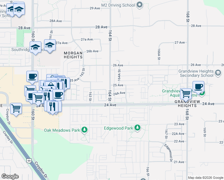 map of restaurants, bars, coffee shops, grocery stores, and more near 2472 164 Street in Surrey