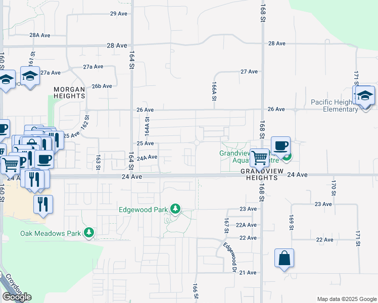 map of restaurants, bars, coffee shops, grocery stores, and more near 16565 24A Avenue in Surrey