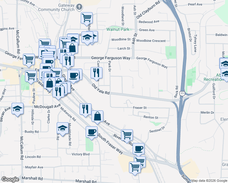 map of restaurants, bars, coffee shops, grocery stores, and more near 34101 Old Yale Road in Abbotsford