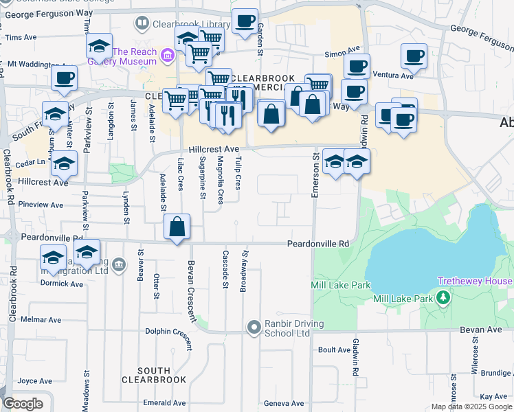 map of restaurants, bars, coffee shops, grocery stores, and more near 32554 Murray Avenue in Abbotsford
