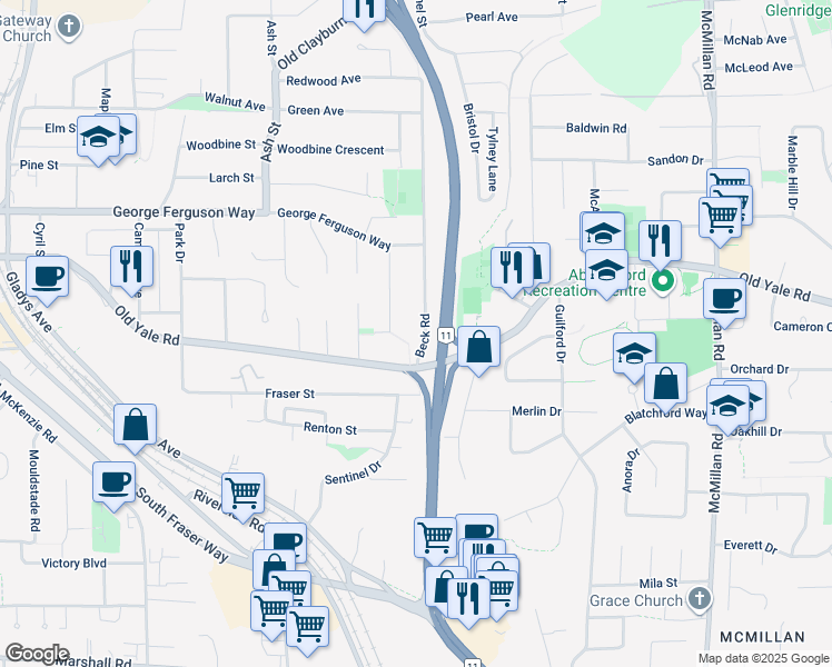 map of restaurants, bars, coffee shops, grocery stores, and more near 2481 Beck Road in Abbotsford