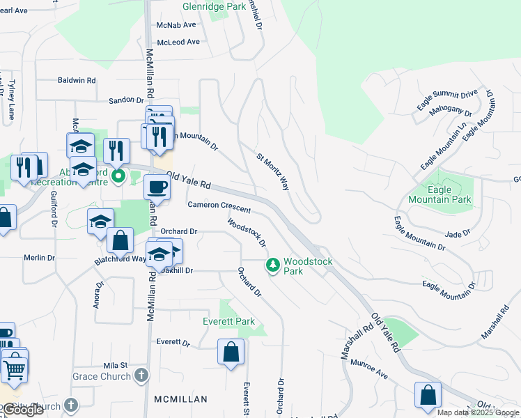 map of restaurants, bars, coffee shops, grocery stores, and more near 2464 Cameron Crescent in Abbotsford