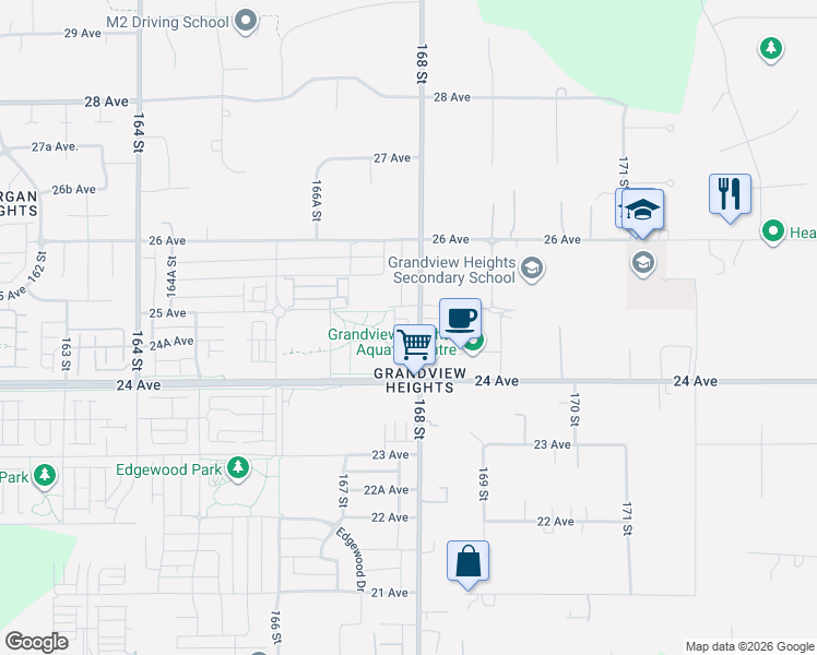 map of restaurants, bars, coffee shops, grocery stores, and more near 16760 25 Avenue in Surrey