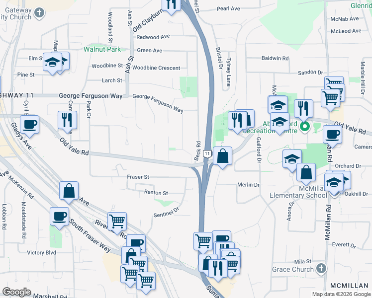 map of restaurants, bars, coffee shops, grocery stores, and more near 2480 Mendham Street in Abbotsford