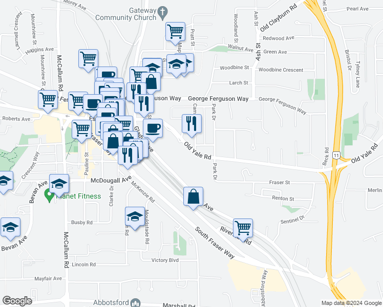 map of restaurants, bars, coffee shops, grocery stores, and more near 33992 Old Yale Road in Abbotsford