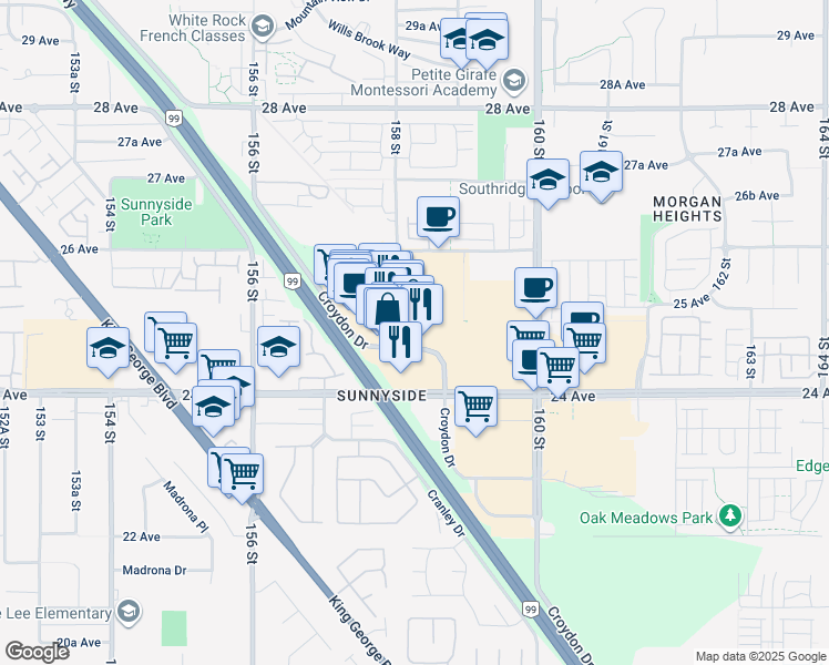 map of restaurants, bars, coffee shops, grocery stores, and more near 15795 Croydon Drive in Surrey