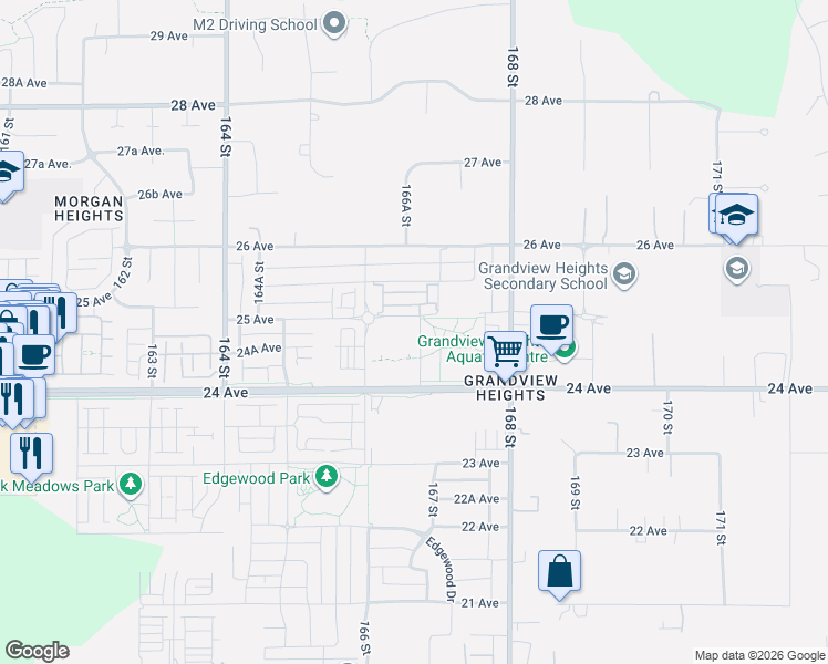 map of restaurants, bars, coffee shops, grocery stores, and more near 16678 25 Avenue in Surrey