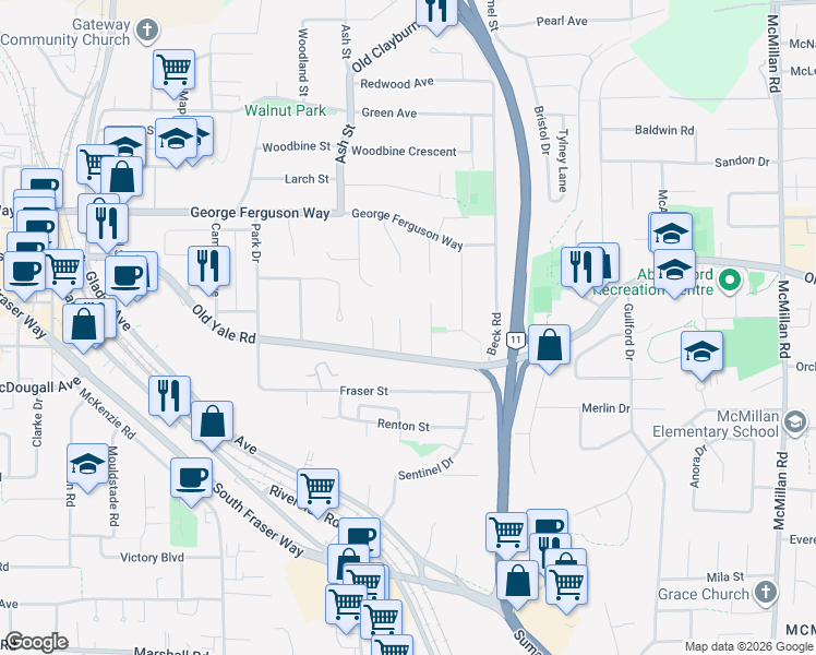 map of restaurants, bars, coffee shops, grocery stores, and more near 2490 Hyatt Place in Abbotsford