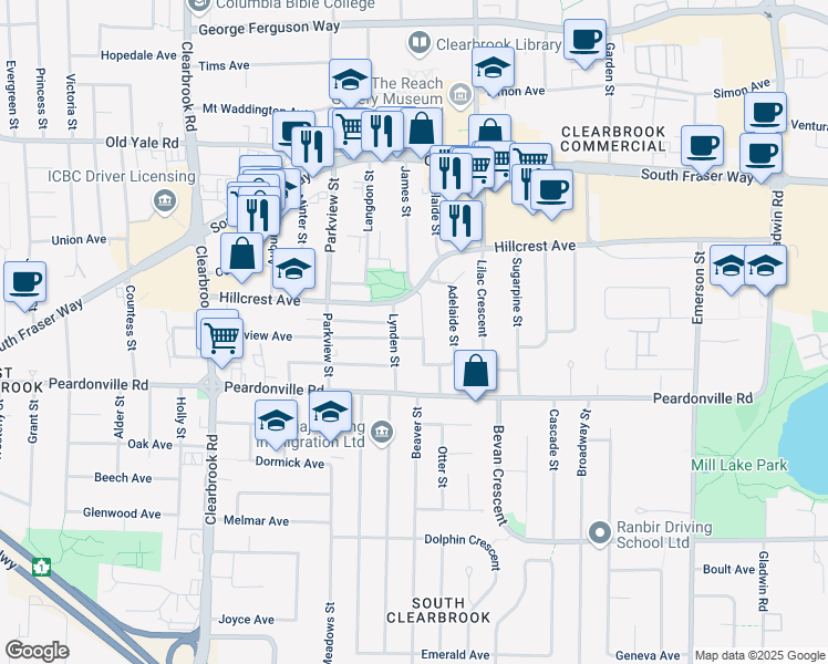 map of restaurants, bars, coffee shops, grocery stores, and more near 32305 Pineview Avenue in Abbotsford