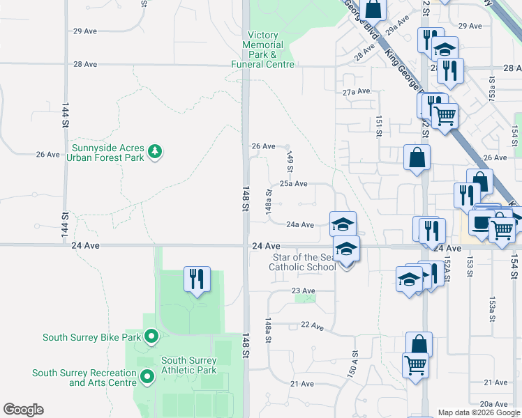 map of restaurants, bars, coffee shops, grocery stores, and more near 2485 148A Street in Surrey