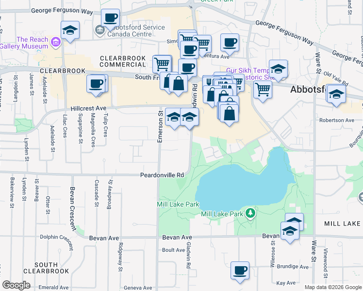 map of restaurants, bars, coffee shops, grocery stores, and more near 2491 Gladwin Road in Abbotsford
