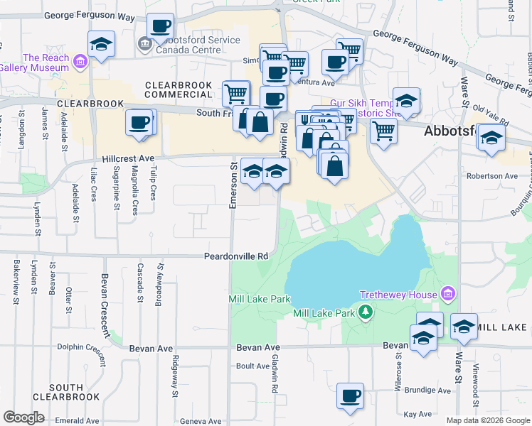 map of restaurants, bars, coffee shops, grocery stores, and more near 2491 Gladwin Road in Abbotsford