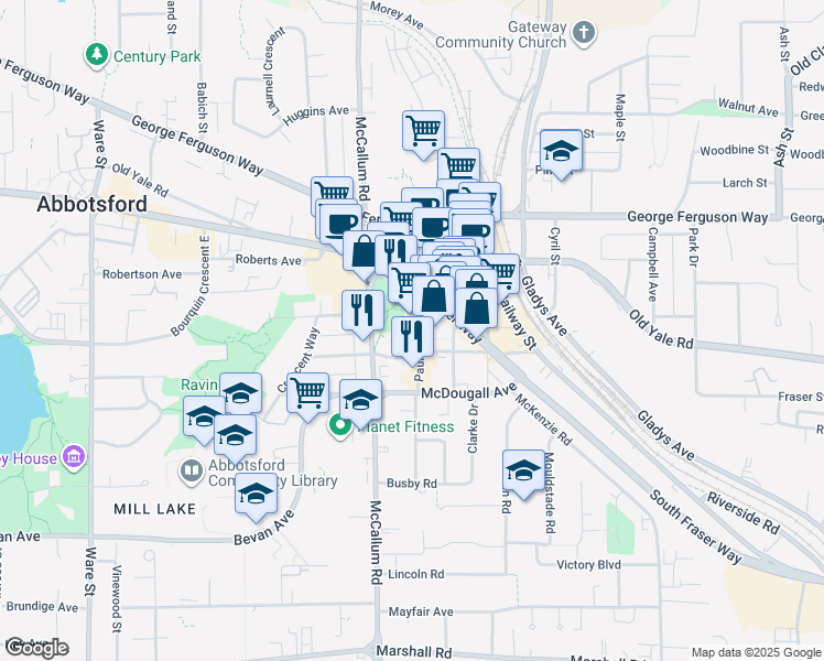 map of restaurants, bars, coffee shops, grocery stores, and more near 2481 Pauline Street in Abbotsford