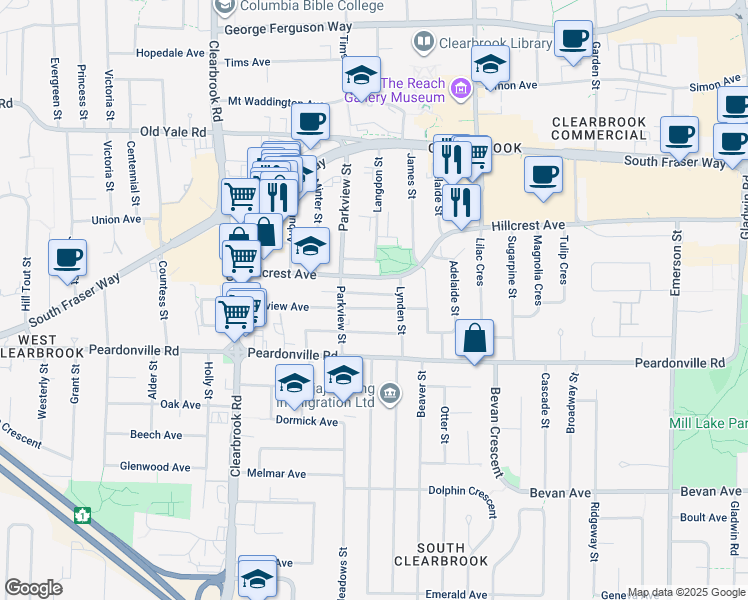 map of restaurants, bars, coffee shops, grocery stores, and more near 32235 Pineview Avenue in Abbotsford