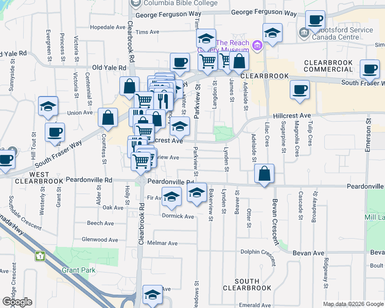 map of restaurants, bars, coffee shops, grocery stores, and more near 2489 Parkview Street in Abbotsford