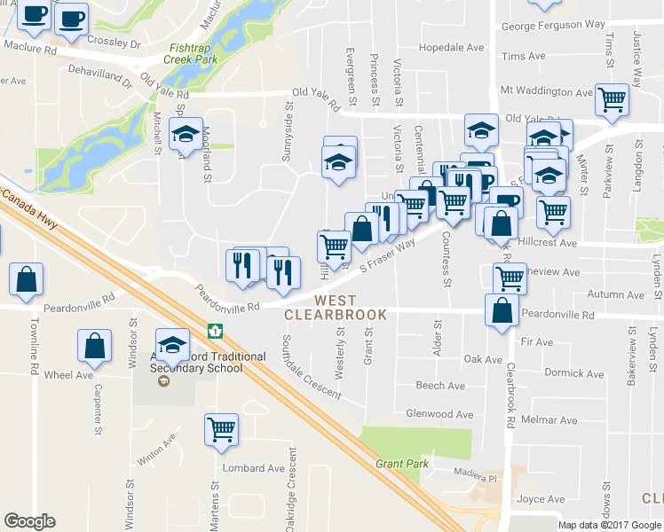 map of restaurants, bars, coffee shops, grocery stores, and more near 2476 Hill Tout Street in Abbotsford